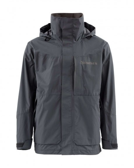 Simms Challenger Jacket showcasing its waterproof construction, adjustable hood, and breathable fabric, perfect for providing protection during fishing trips in wet weather.