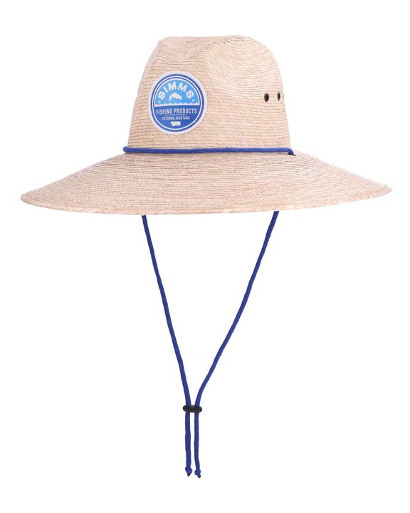 Simms Cutbank Sun Hat in Sand featuring a wide brim, moisture-wicking fabric, and adjustable chin strap, ideal for providing shade and comfort during fishing trips and outdoor adventures.