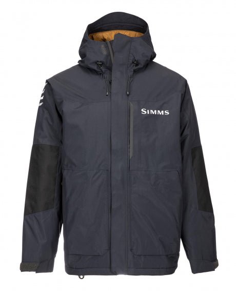  Simms Challenger Insulated Fishing Jacket featuring heavyweight insulation, waterproof exterior, and adjustable cuffs, ideal for keeping warm and dry during cold-weather fishing trips.