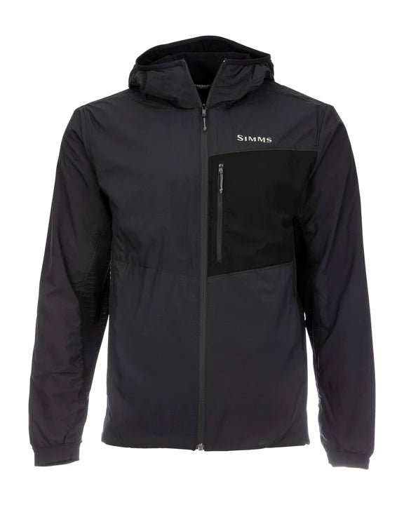  Simms M's Flyweight Access Hoody in Black featuring a lightweight fabric, adjustable hood, and convenient storage pockets, ideal for fishing trips and outdoor activities.