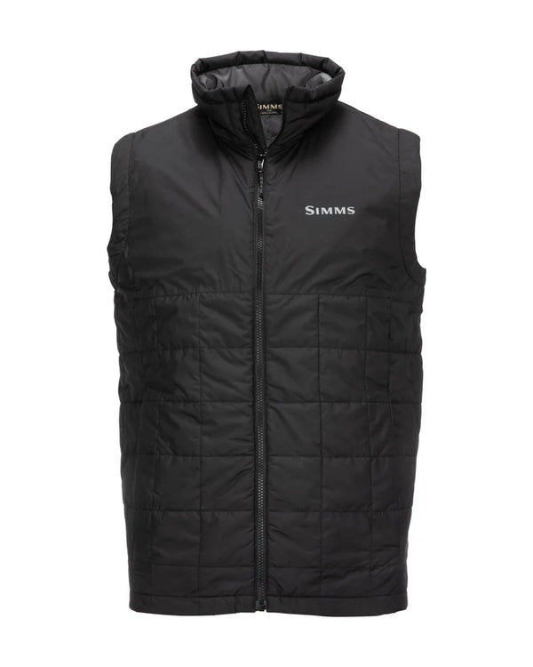 Simms M's Fall Run Insulated Vest showcasing its insulated design, zippered front, and adjustable features, ideal for adding warmth without bulk during fall fishing adventures.