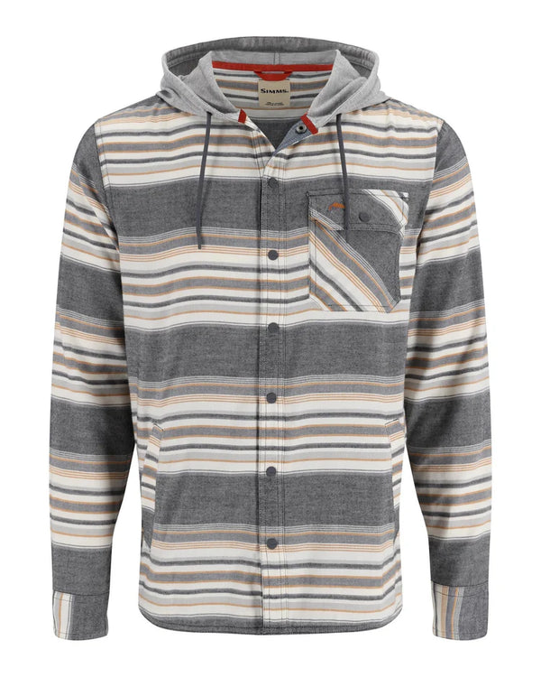 Simms M's Santee Flannel Hoody showcasing its soft flannel material, adjustable hood, and classic plaid design, ideal for providing warmth and style during fishing trips and everyday wear.