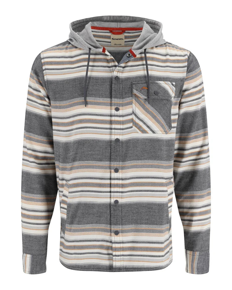 Simms M's Santee Flannel Hoody showcasing its soft flannel material, adjustable hood, and classic plaid design, ideal for providing warmth and style during fishing trips and everyday wear.