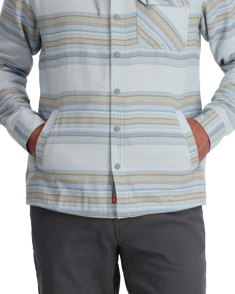 Simms M's Santee Flannel Hoody showcasing its soft flannel material, adjustable hood, and classic plaid design, ideal for providing warmth and style during fishing trips and everyday wear.