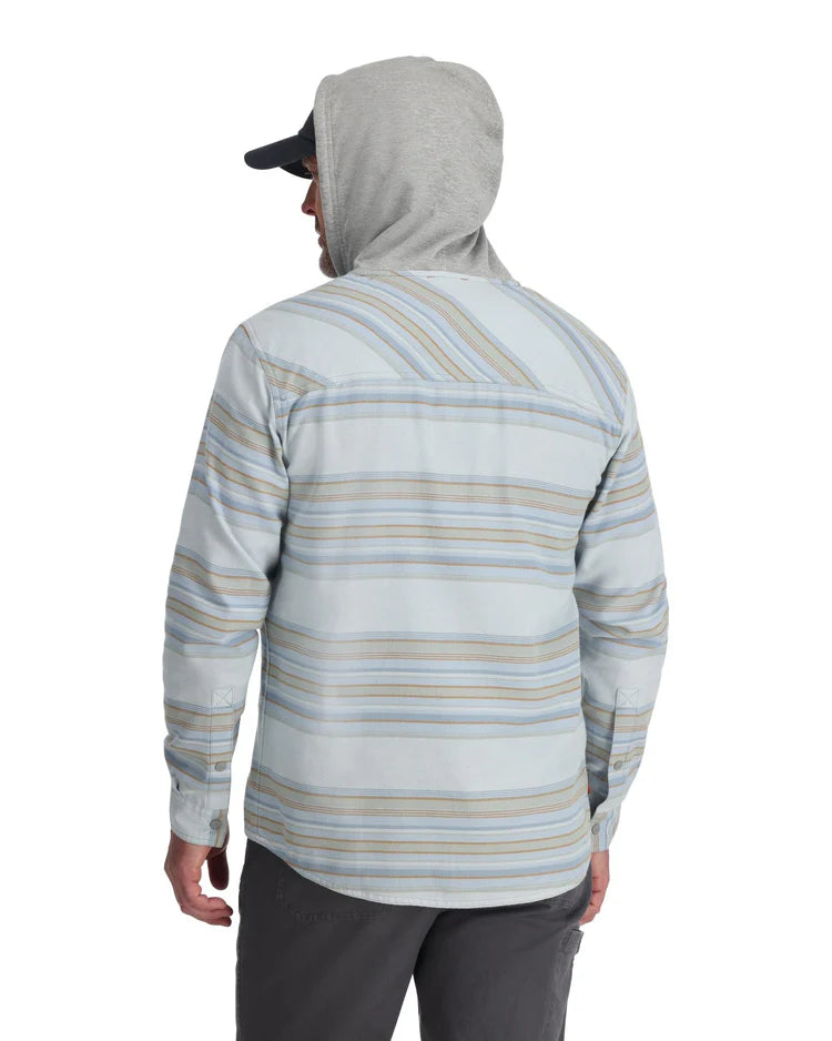 Simms M's Santee Flannel Hoody showcasing its soft flannel material, adjustable hood, and classic plaid design, ideal for providing warmth and style during fishing trips and everyday wear.