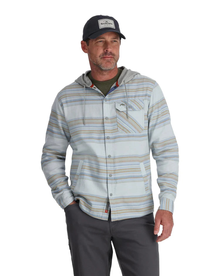 Simms M's Santee Flannel Hoody showcasing its soft flannel material, adjustable hood, and classic plaid design, ideal for providing warmth and style during fishing trips and everyday wear.