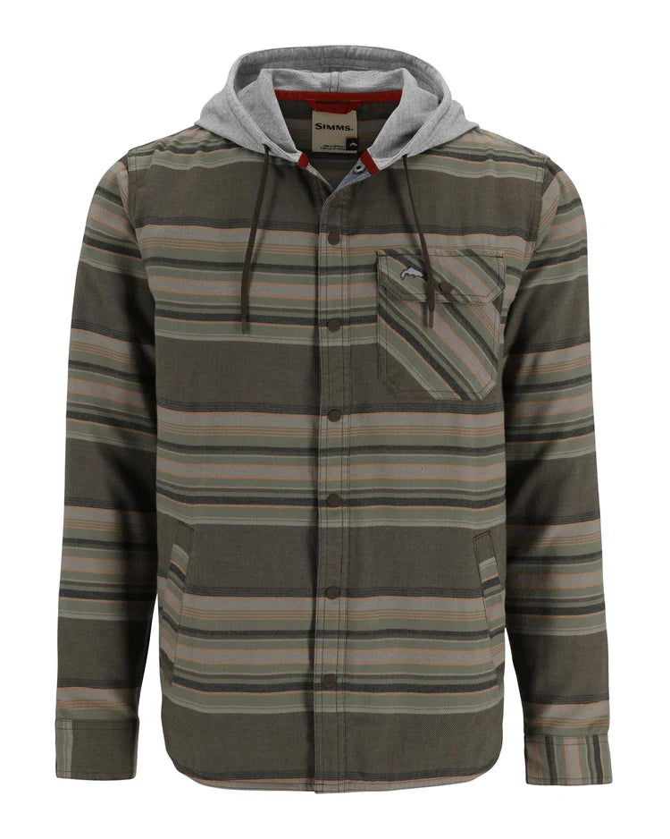 Simms M's Santee Flannel Hoody showcasing its soft flannel material, adjustable hood, and classic plaid design, ideal for providing warmth and style during fishing trips and everyday wear.