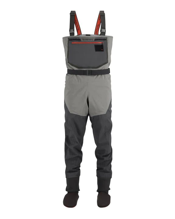 Simms M's Freestone Waders - Stockingfoot in Smoke showcasing a lightweight, waterproof design, adjustable suspenders, and neoprene booties, ideal for keeping you dry during wading in various fishing conditions.