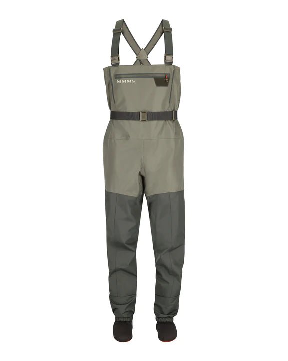  Simms M's Tributary Waders - Stockingfoot in Basalt featuring a rugged waterproof design, adjustable suspenders, and reinforced knees, perfect for keeping you dry and comfortable while wading in various fishing conditions.