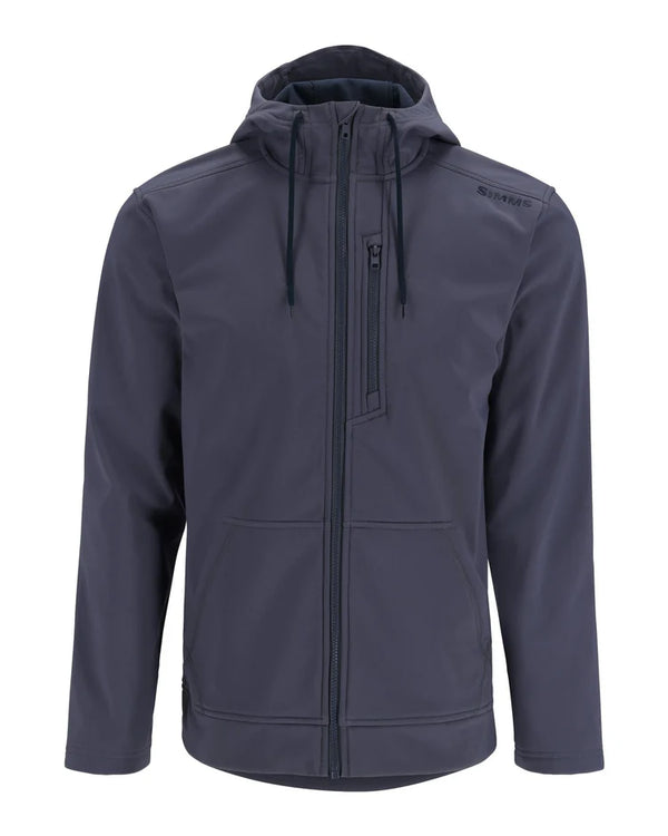 Simms M's Rogue Fleece Hoody showcasing its soft fleece material, adjustable hood, and kangaroo pocket, ideal for providing warmth and comfort during cooler days on the water.