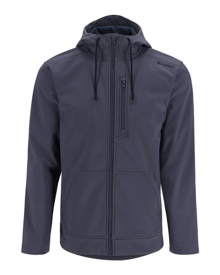 Simms M's Rogue Fleece Hoody showcasing its soft fleece material, adjustable hood, and kangaroo pocket, ideal for providing warmth and comfort during cooler days on the water.