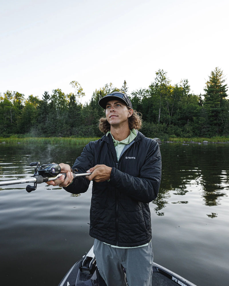 Simms M's Fall Run Insulated Hoody featuring a soft, insulated fabric, adjustable hood, and kangaroo pocket, ideal for providing warmth and style during fall fishing trips.