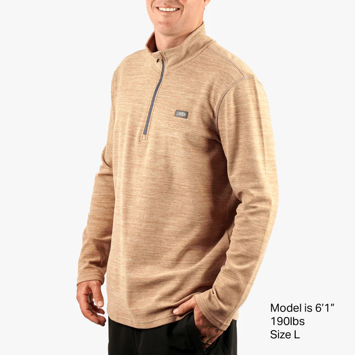 Aftco Coastal Layer 1/4 Zip showcasing its lightweight fabric, stylish design, and breathable features, perfect for layering during fishing trips and outdoor activities.