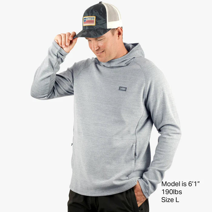 Aftco Coastal Layer Hoodie featuring moisture-wicking fabric, a relaxed fit, and a hood, perfect for fishing trips and outdoor adventures.