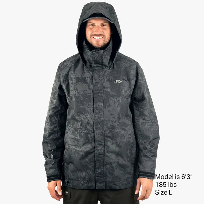  Aftco Hydro Jacket featuring a waterproof design, adjustable hood, and breathable fabric, perfect for protection during fishing trips in wet conditions.