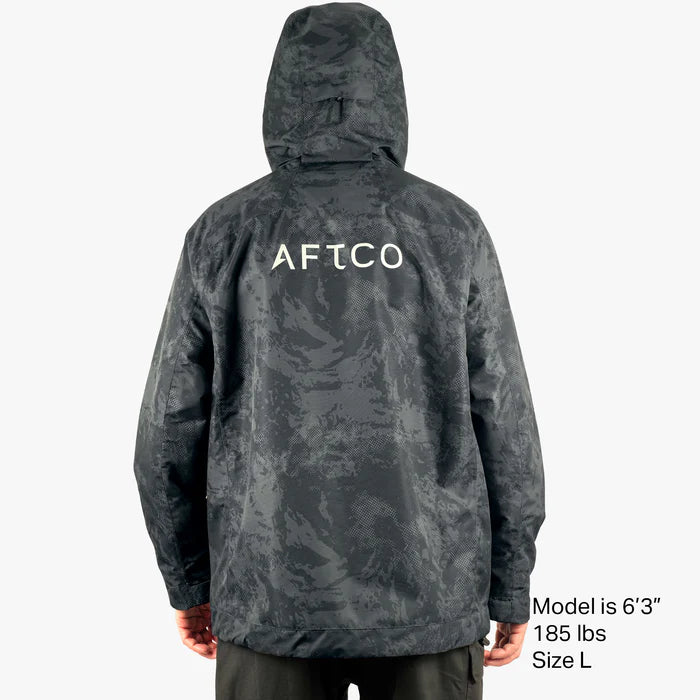  Aftco Hydro Jacket featuring a waterproof design, adjustable hood, and breathable fabric, perfect for protection during fishing trips in wet conditions.