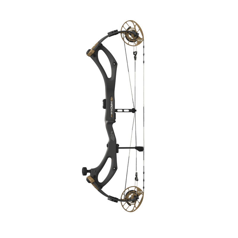 PSE Mach 33 Compound Bow with EC2 Cam System, carbon riser, and Full Draw Stability System, designed for high precision and speed, available in 60, 70, and 80 lbs draw weights