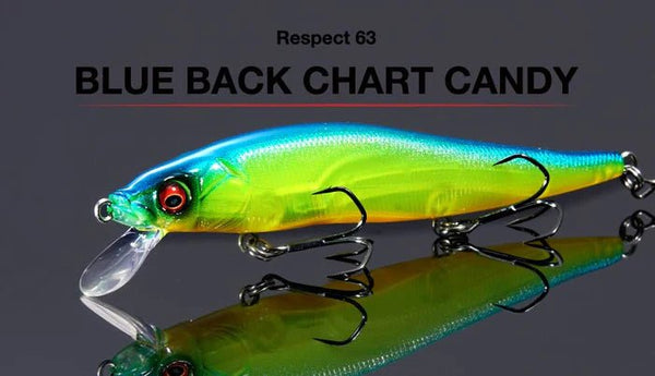 Megabass Respect Series #63 "Blue Back Chart Candy" lure showcasing its vibrant colors and innovative design