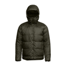 SITKA HyperDown Jacket in Deep Lichen, front view with hood raised